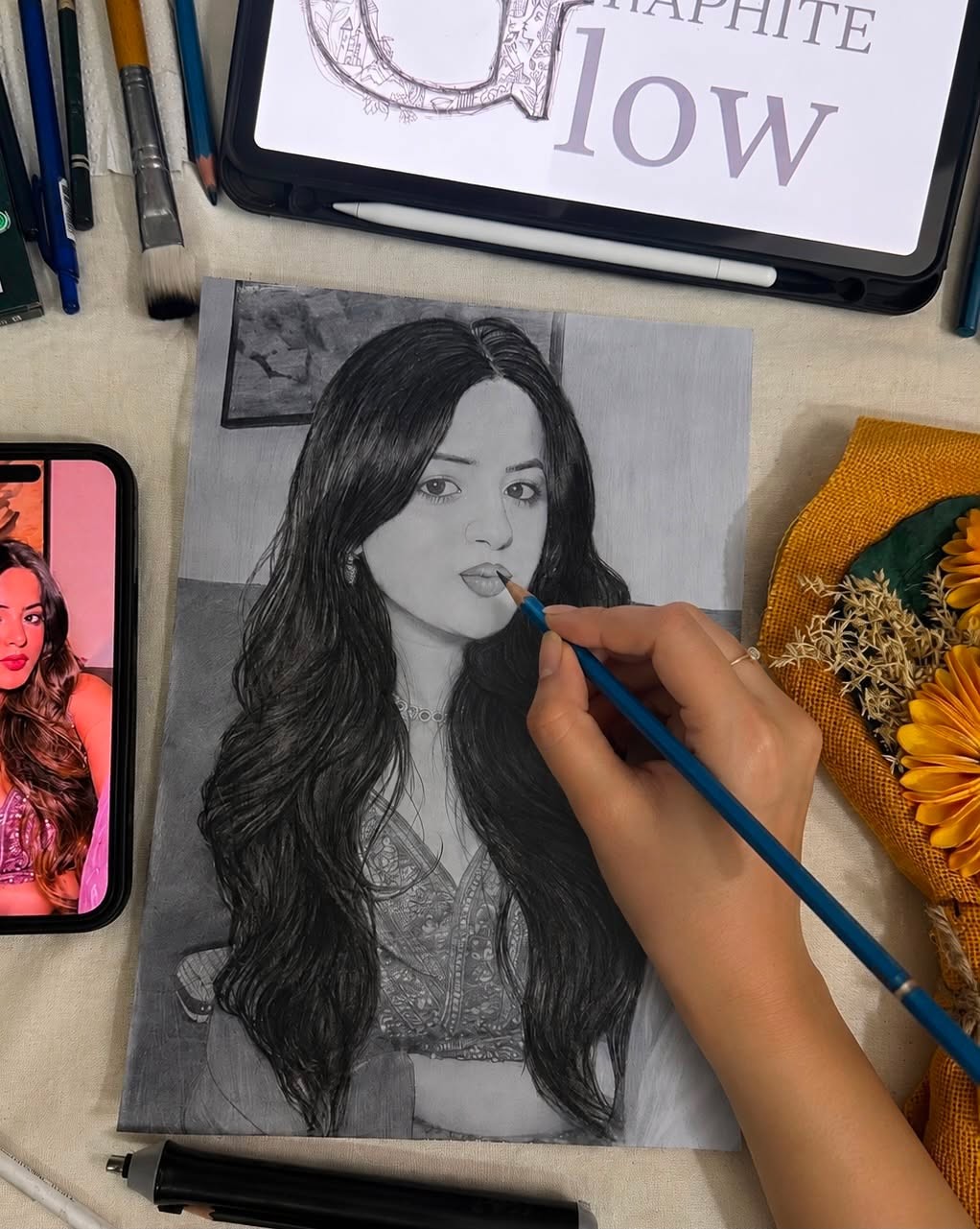 The artist sketching a detailed portrait from a reference photo